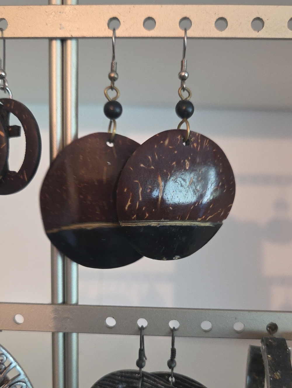 Handcrafted Coconut Shell Drop Earrings in Dark Brown and Black
